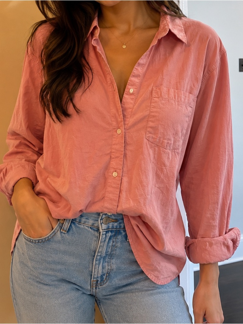 GAP Coral Pink Long-Sleeve Button-Up Shirt